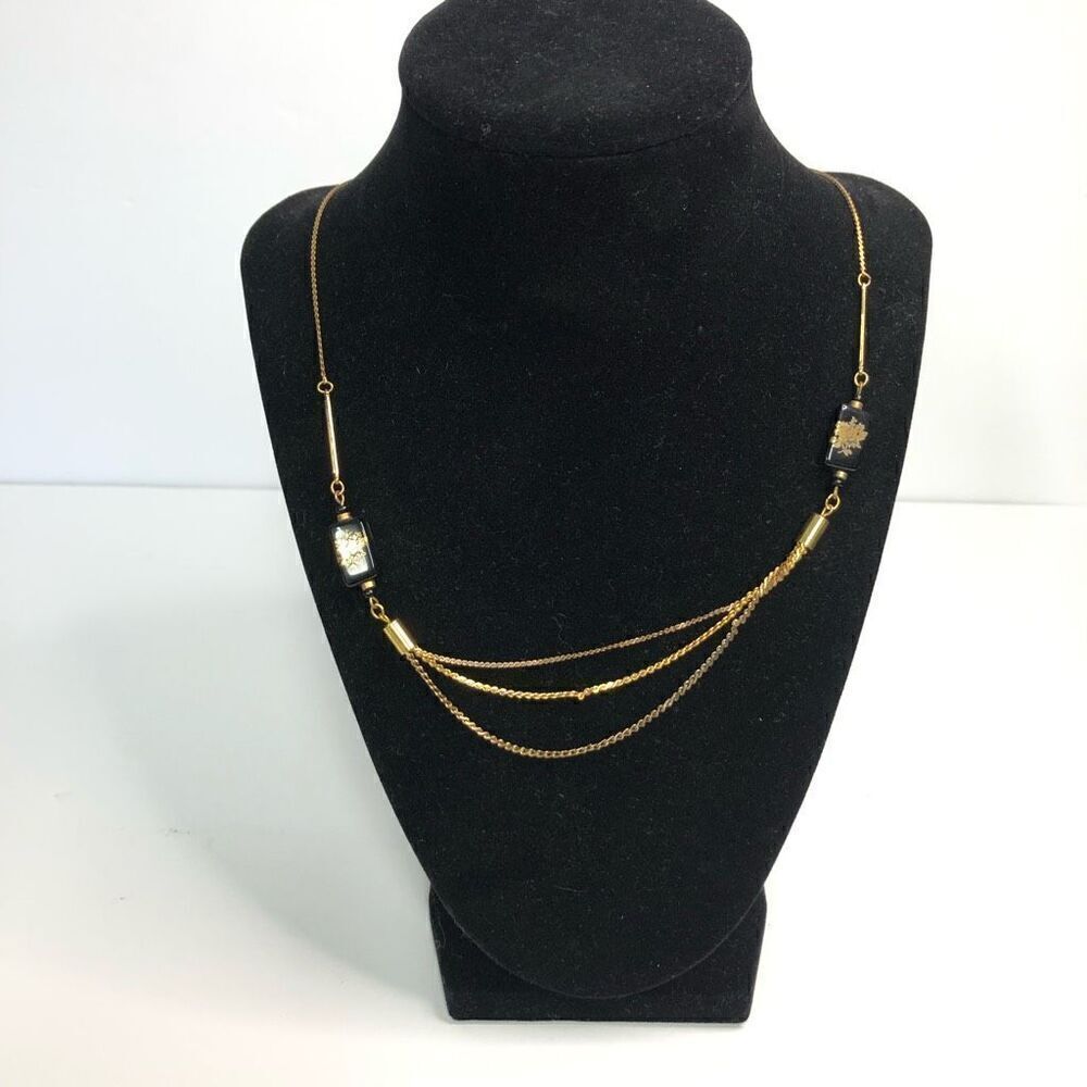 vintage‎ gold tone black beads three tiered chains floral printed beads